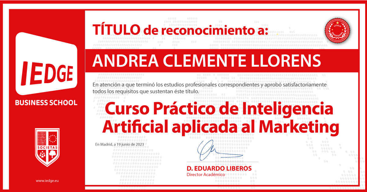Certificación del Curso Práctico de Inteligencia Artificial aplicada en Marketing de Andrea Clemente Llorens